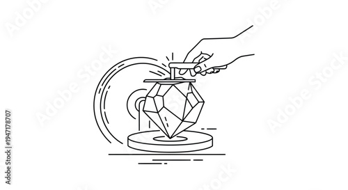 A hand polishing a diamond on a rotating wheel with sparks, flat illustration isolated on white background