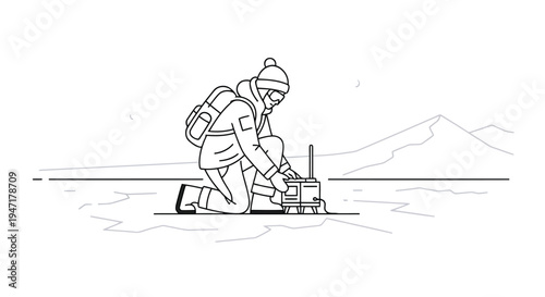 Man in winter clothing kneeling on ice with a device isolated on white background