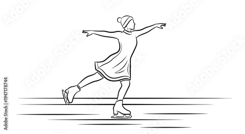 Woman ice skating in a dress and hat on a in a flat illustration style isolated on white background