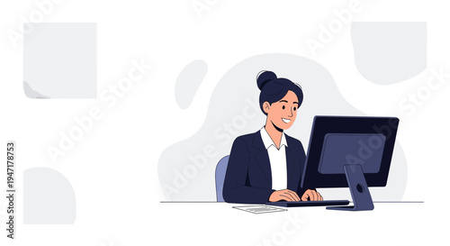 Businesswoman working on computer at desk, modern office, flat design illustration