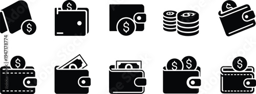 Wallet and Coin Icons Set Money Pouch Cash Stack Keywords: wallet, purse, money, cash, coins, currency, finance, banking