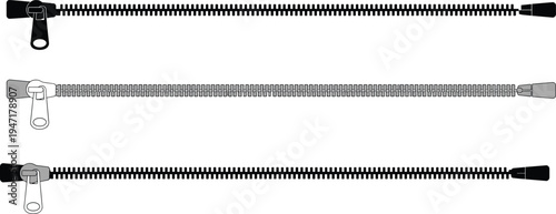 Clothing zipper set isolated vector illustration featuring open and closed zipper elements for fashion design, tailoring, sewing and garment accessory templates