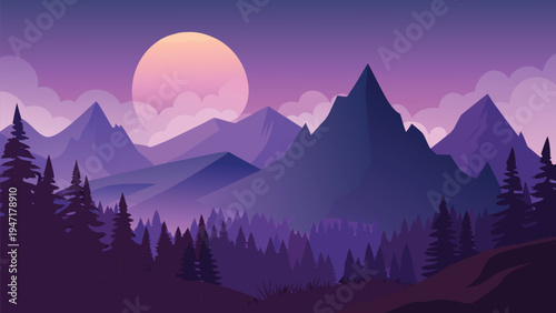 A serene flat vector illustration of a majestic mountain range under a glowing pale orange moon