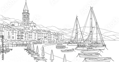 Coastal harbor town with sailboats marina church tower beach umbrellas and waterfront buildings line art vector illustration seaside landscape