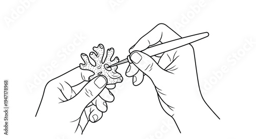 Hands holding flower and tool for detailed craft work in a minimalist flat design isolated on white background