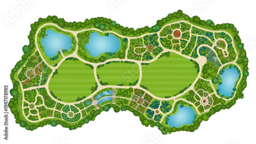 Aerial view of a beautifully designed park with walking paths, ponds, and lush greenery