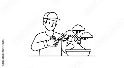 Man trimming bonsai tree in pot with scissors, simple line drawing isolated on white background