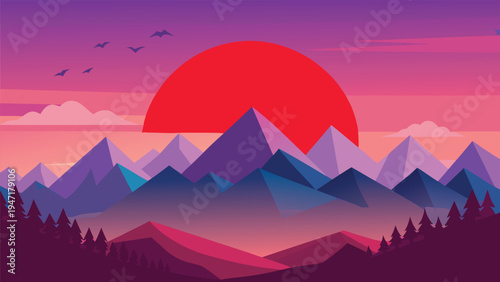 A vibrant digital illustration of a large red sun setting behind a range of geometric mountains