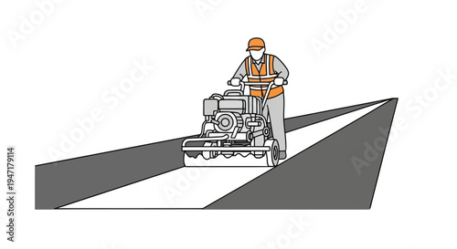 Man operating road roller on asphalt, flat design construction worker isolated on white background