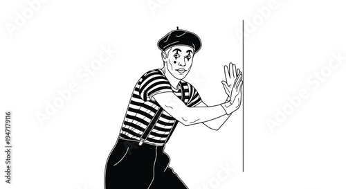 Mime actor pushing on invisible wall in flat illustration isolated on white background