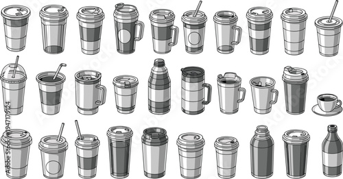 Coffee cups and takeaway drink containers collection line art vector illustration set reusable and disposable beverage cups design