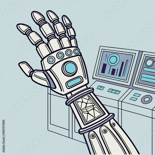 A robotic hand with a futuristic design is shown in front of a computer workstation with screens and controls