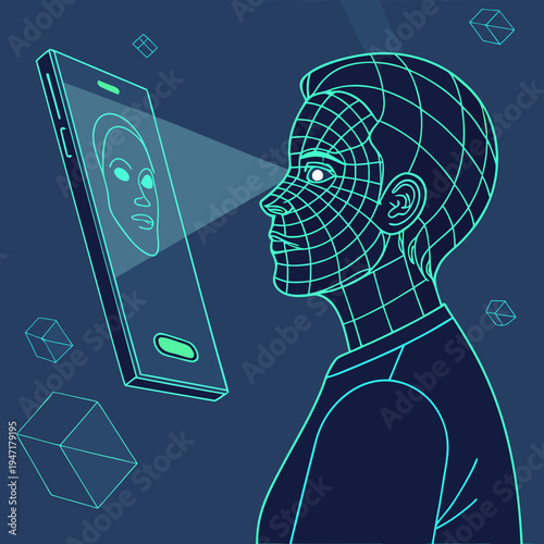 A futuristic illustration of a man with a wireframe face looking at a smartphone with facial recognition technology