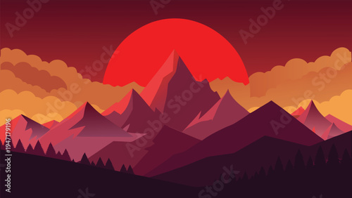 A vibrant digital illustration of dark jagged mountain peaks set against a bold red sun backdrop