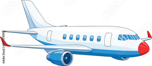 Cartoon commercial airplane vector illustration with white and blue fuselage, red nose and winglets, jet engines, passenger windows, flying side view