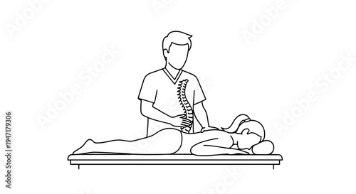 Chiropractor adjusting patient's spine on treatment table in flat line style isolated on white background