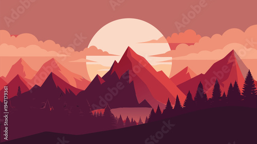 A serene flat vector illustration featuring a majestic mountain range during a vibrant sunset hour