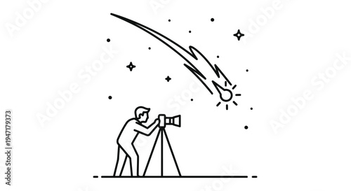 Man taking picture of shooting star with telescope on tripod at night sky with stars isolated on white background