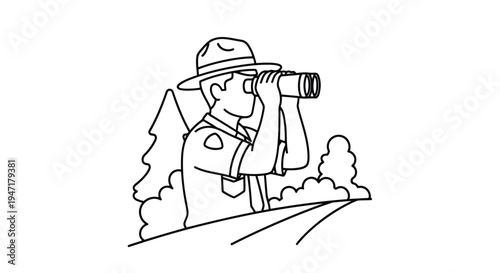 Man using binoculars on hill with trees in background, line art style isolated on white background