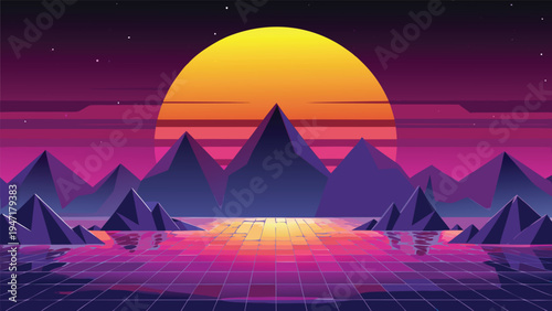 A vibrant pixel art landscape featuring a large yellow sun setting behind dark purple mountains