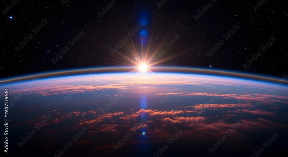 Obraz premium Sun rising over earth planet horizon seen from outer space with atmospheric glow orange clouds starry background and blue lens flare effect