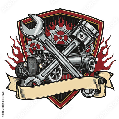 Mechanic tools and engine illustration on a shield with flames