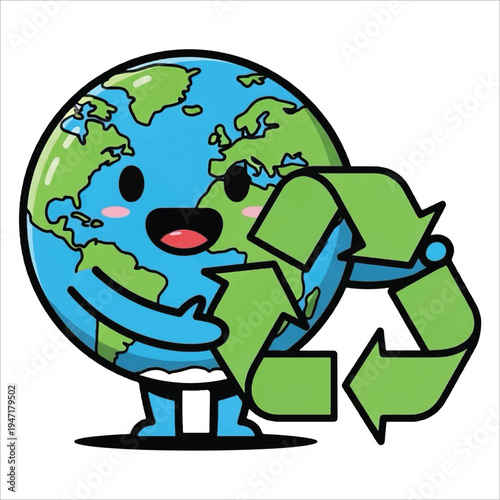 Adorable cartoon Earth character happily holding a large green recycling symbol, promoting eco-friendly habits and environmental sustainability for a brighter future vector design