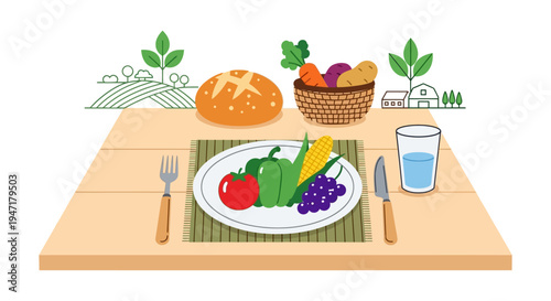 Healthy Farm-to-Table Balanced Meal Setting Vector Illustration. Fresh fruits, vegetables, and bread symbolizing organic nutrition and sustainable eating.