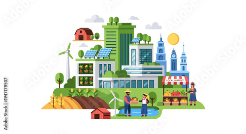 Green Smart City Ecosystem Illustration: Sustainable Urban Farming, Renewable Energy, and Local Community Market Landscape