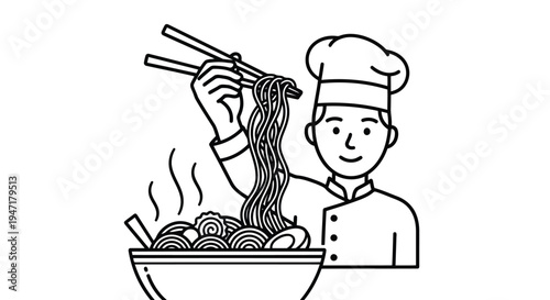 Chef holding noodles with chopsticks in kitchen isolated on white background