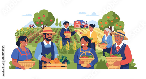Community Farmers Harvesting Organic Crops on Farm. Diverse People Working Together in Agriculture. Flat Vector Illustration.