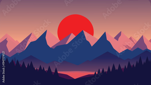 A minimalist flat vector illustration featuring a vibrant red sun behind jagged mountain peaks