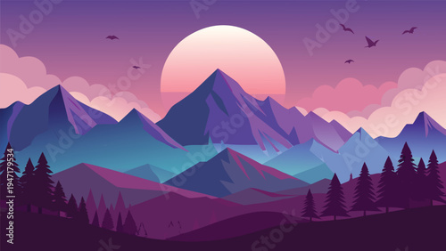 A serene flat vector illustration of majestic purple mountains under a large glowing sunset sky