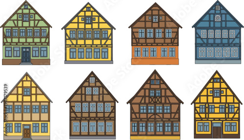 Collection of colorful traditional half timbered houses German medieval European architecture facades isolated on white background detailed vector illustration set