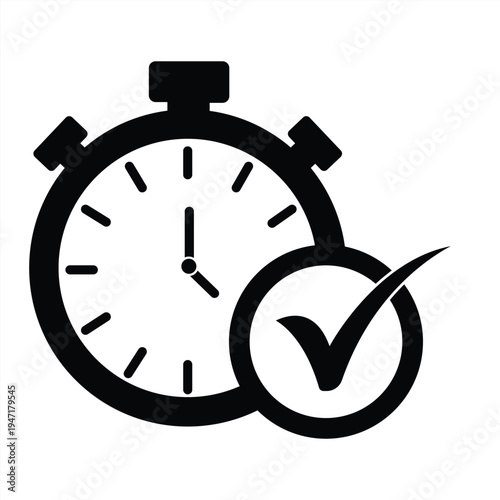 Stopwatch tick mark symbol icon representing time management, task completion, productivity, efficiency goals, and deadline tracking in outline and glyph style. vector illustration