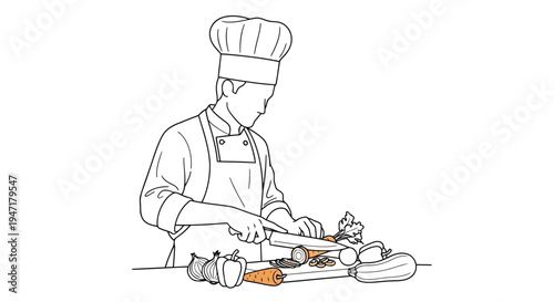 Chef cutting vegetables on a cutting board in a kitchen with a , line drawing style isolated on white background