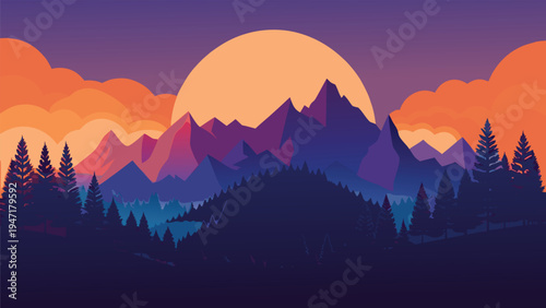 A serene digital illustration featuring a large orange sun setting behind purple mountain peaks
