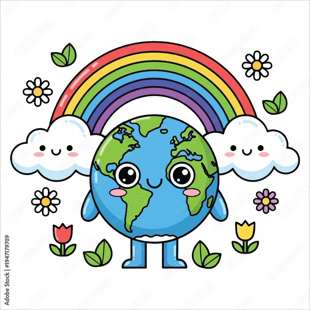 Fototapeta premium Cute Cartoon Earth with Rainbow and Clouds - Eco-friendly Environment and Global Friendship Illustration Vector Design