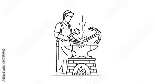 Blacksmith working at anvil with hammer and hook in traditional workshop setting flat illustration isolated on white background
