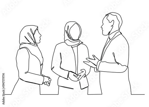 Continuous one line drawing of young muslim business community discussing social project together.