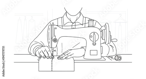 Person sewing with industrial machine in workshop flat design isolated on white background
