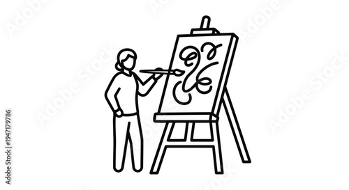 Man painting on canvas with brush in hand standing next to easel in minimalist flat vector style isolated on white background
