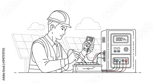 Technician in hard hat working on solar panel equipment with digital meter and control box in industrial flat line style isolated on white background