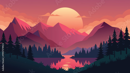 A serene mountain landscape featuring a vibrant sunset reflecting over a calm lake and pine forest