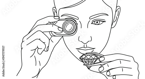 Woman taking photo with camera holding diamond on flat illustration isolated on white background