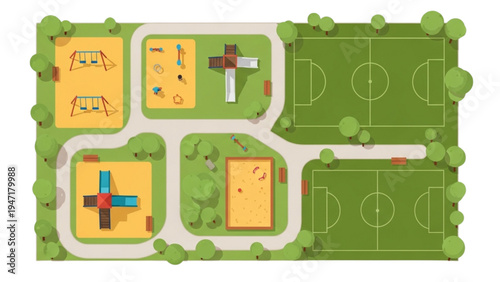 Aerial view of a community park featuring diverse playgrounds and sports fields with green lawns and trees