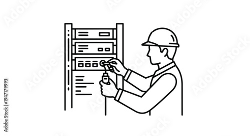Man wearing hardhat interacting with electrical panel flat line art isolated on white background