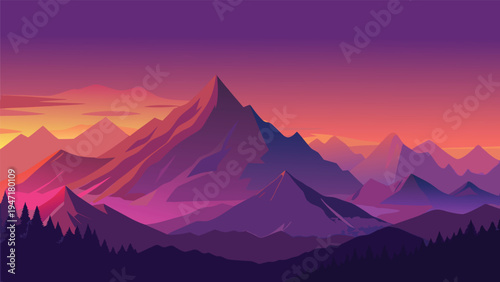 A serene mountain landscape featuring a vibrant purple and orange sunset over jagged peaks at dusk