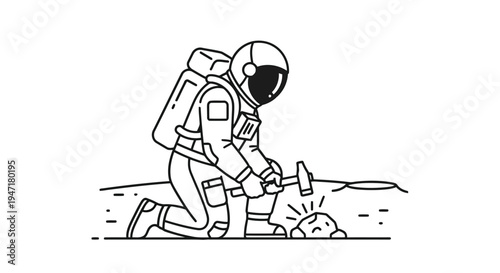 Astronaut on Mars surface with pickaxe flat illustration isolated on white background