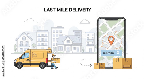 Efficient last mile delivery logistics in an urban setting, illustrating package transportation and tracking services for seamless customer experience